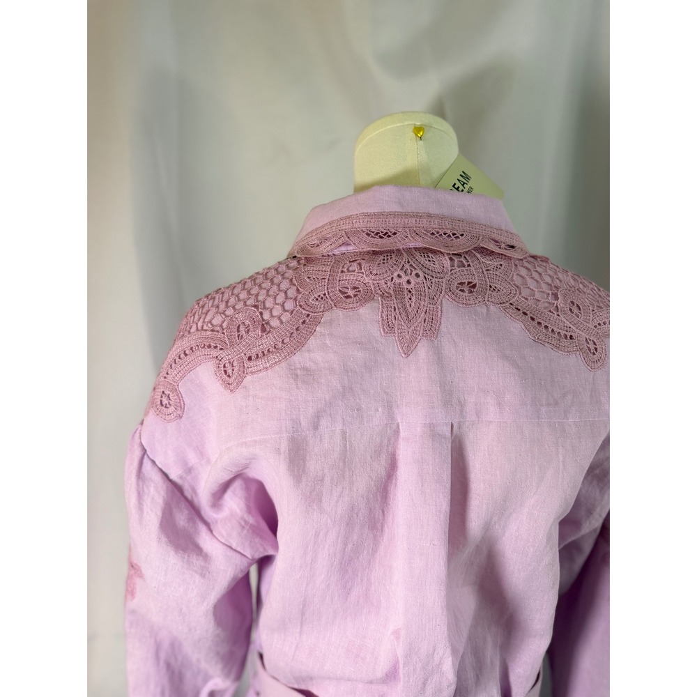 Dream Catcher Lilac Pink Ramie Crochet Lace Belted Shirtdress NWT Size M - Picture 7 of 16